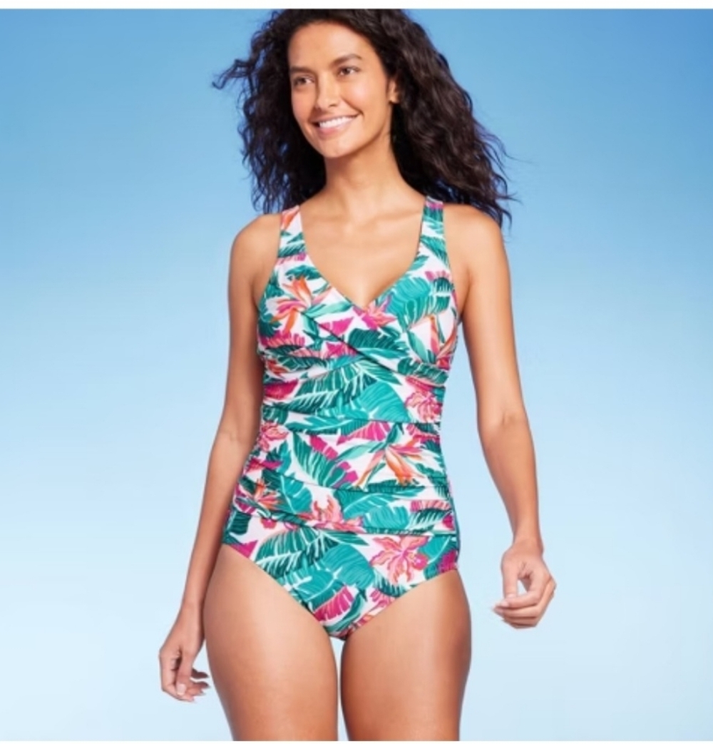 Kona Sol Green and Pink Tropical One Piece Swimsuit